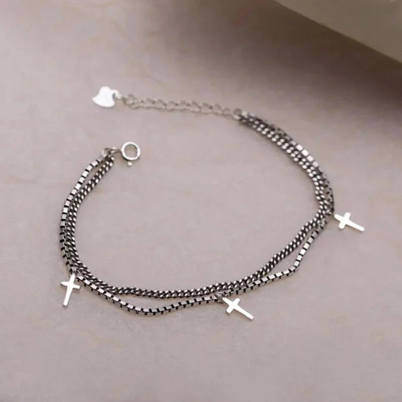 925 Sterling Silver Dainty Minimalist Cross Bracelet Layered Box Chain Bracelet - Picture 1 of 5